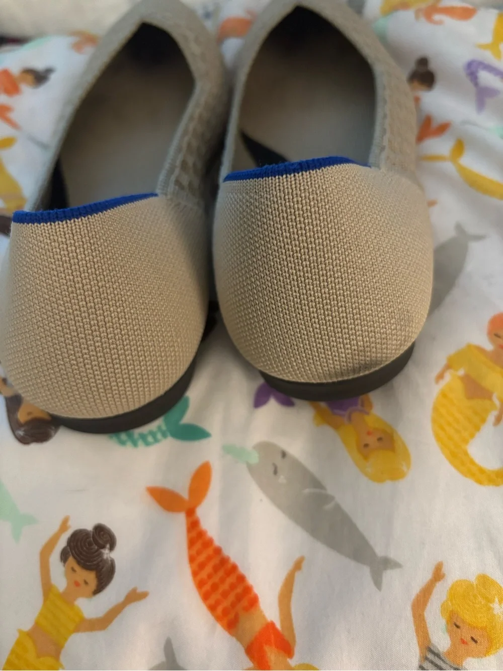 Rothy's Pointed Toe Flats in Beige with Blue Trim